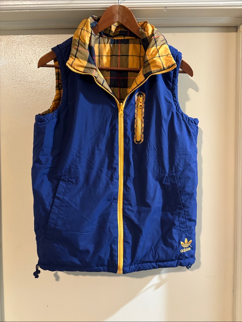 adidas Mens Royal Blue & Yellow Hooded Puffer Ves